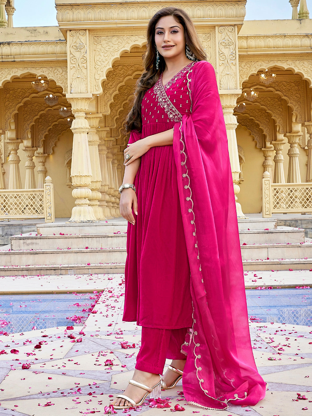 Pink Velvet Zari Embroidered Anarkali Kurta Set