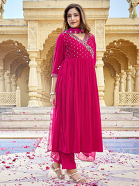 Pink Velvet Zari Embroidered Anarkali Kurta Set