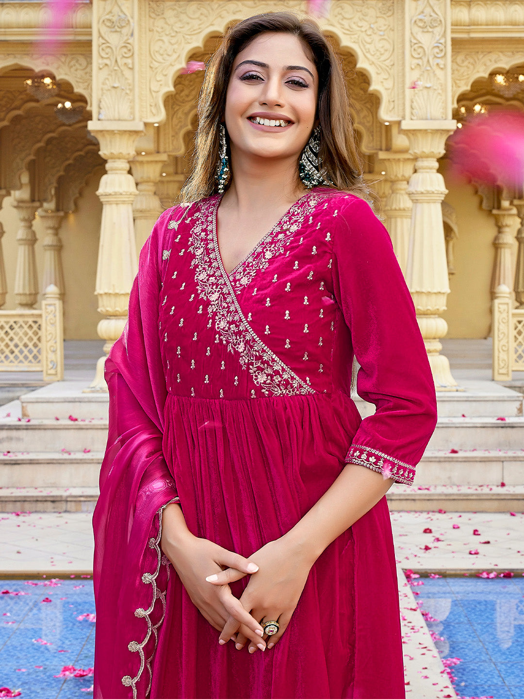 Pink Velvet Zari Embroidered Anarkali Kurta Set