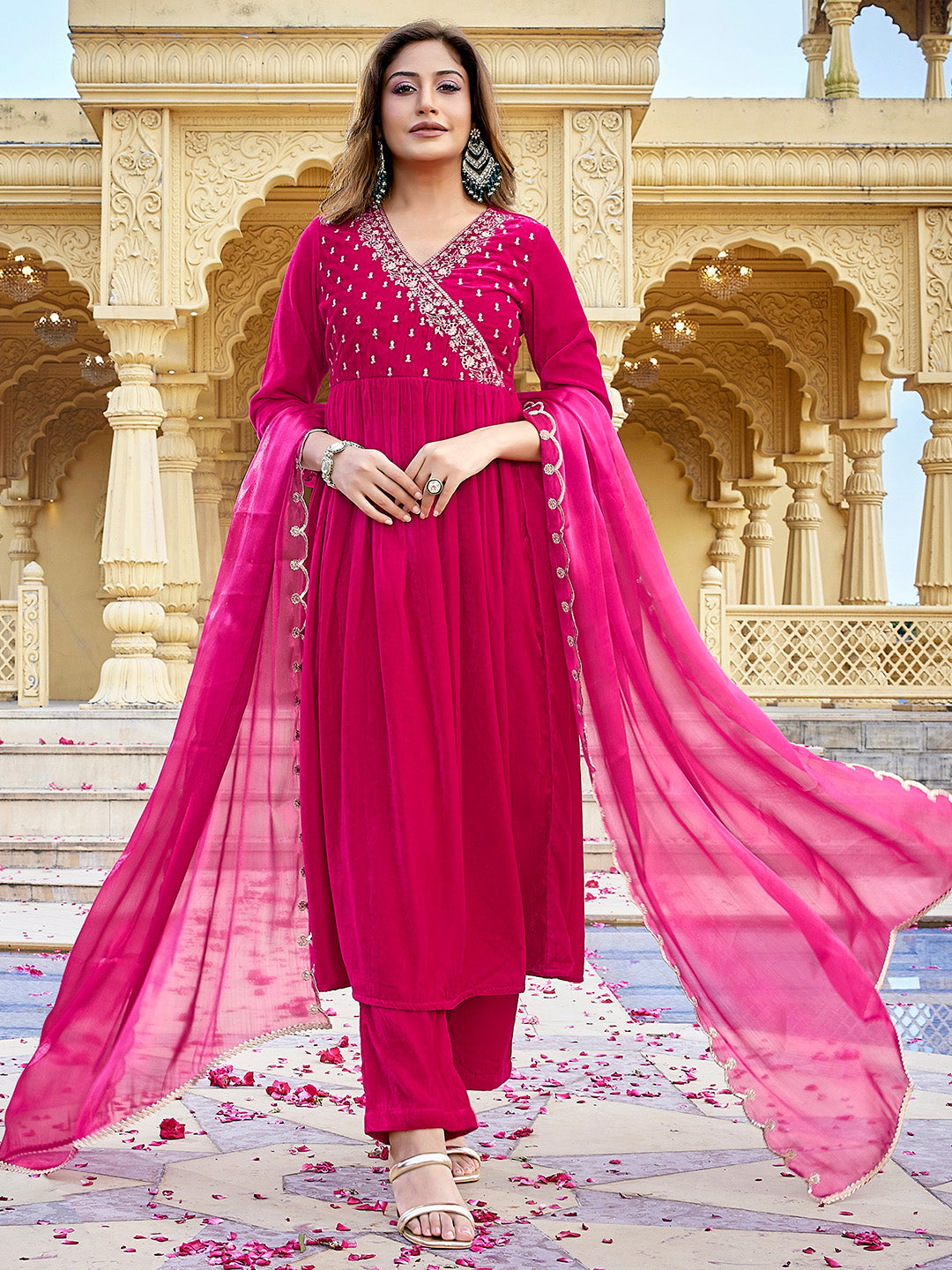 Pink Velvet Zari Embroidered Anarkali Kurta Set