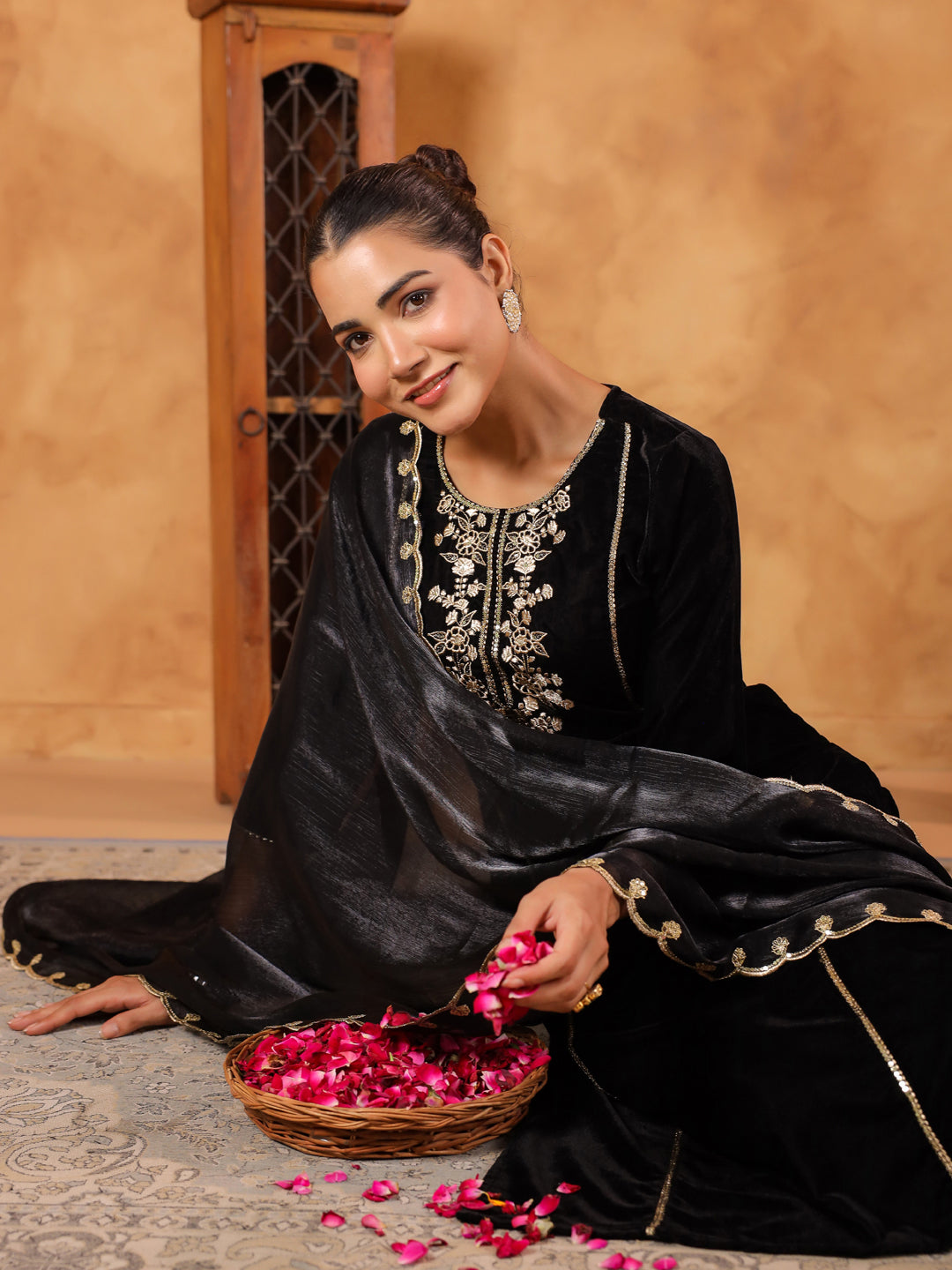 Black Velvet Zari Embroidered Straight Kurta Set