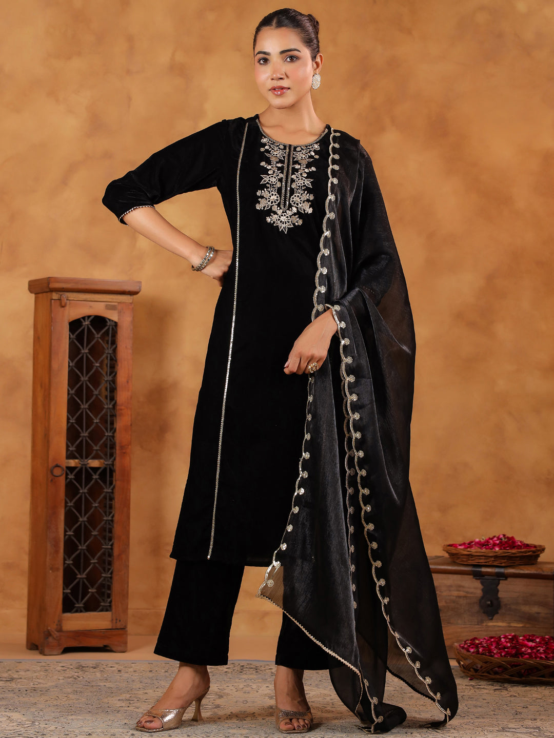 Black Velvet Zari Embroidered Straight Kurta Set