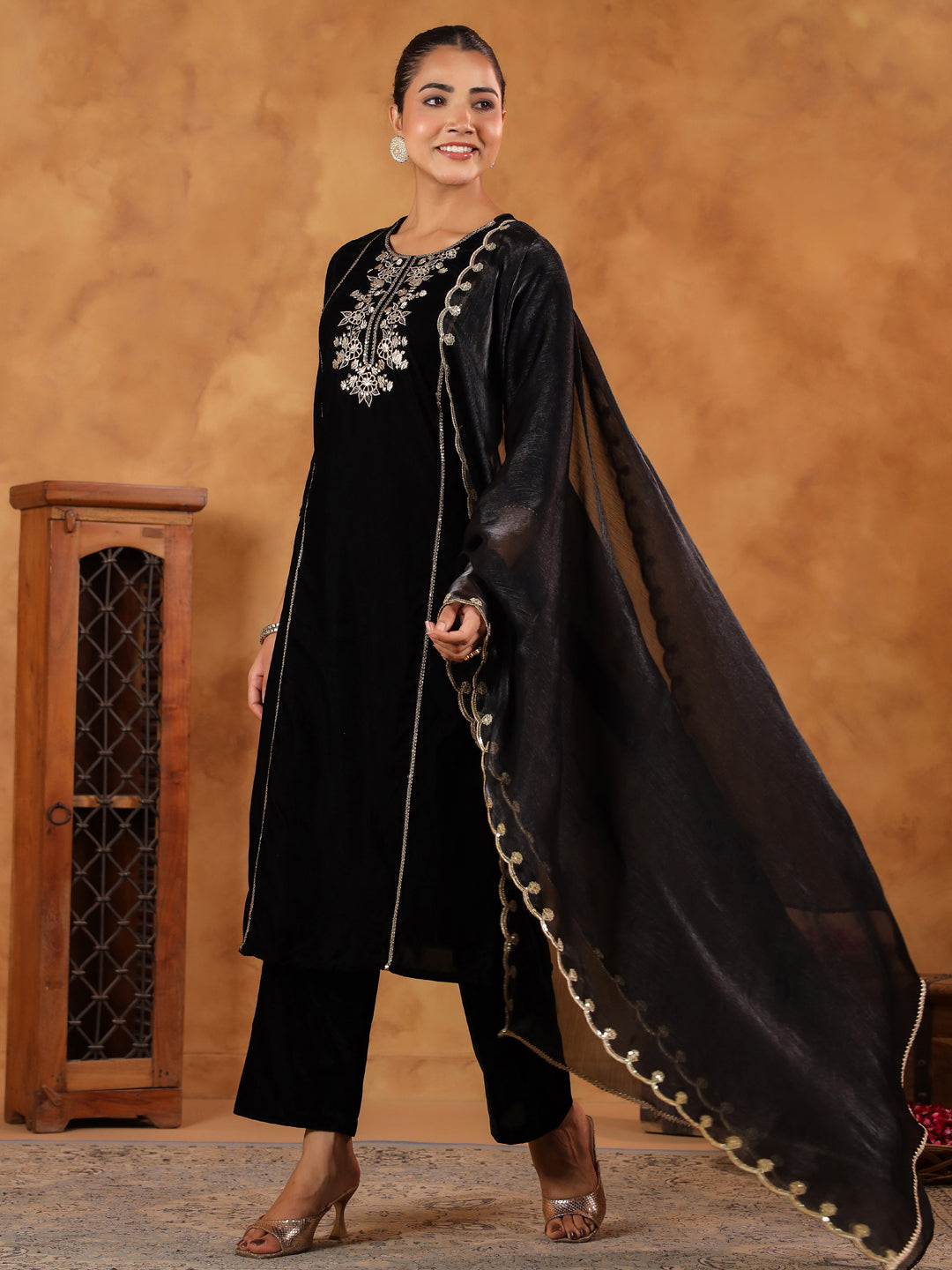 Black Velvet Zari Embroidered Straight Kurta Set