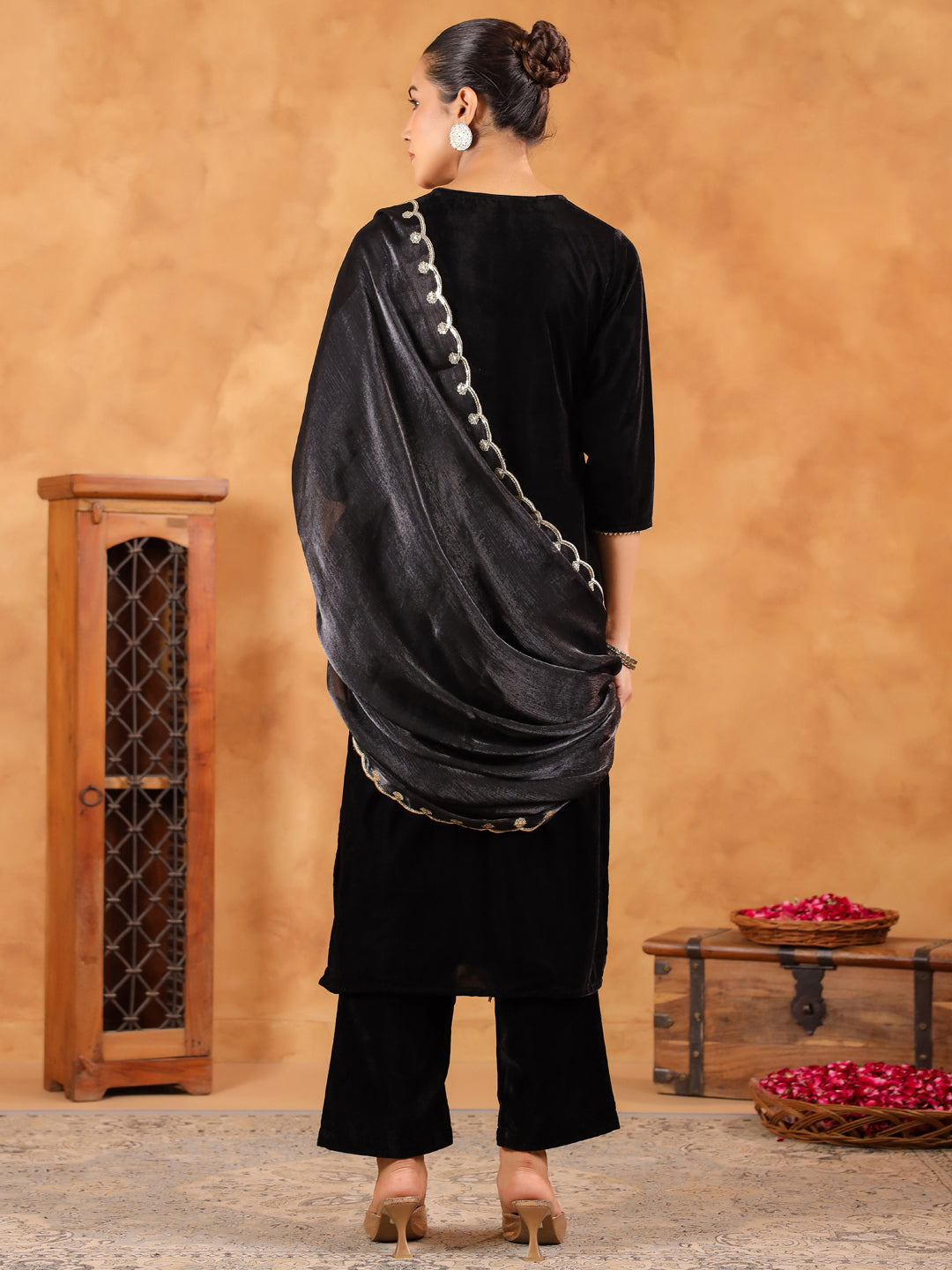 Black Velvet Zari Embroidered Straight Kurta Set