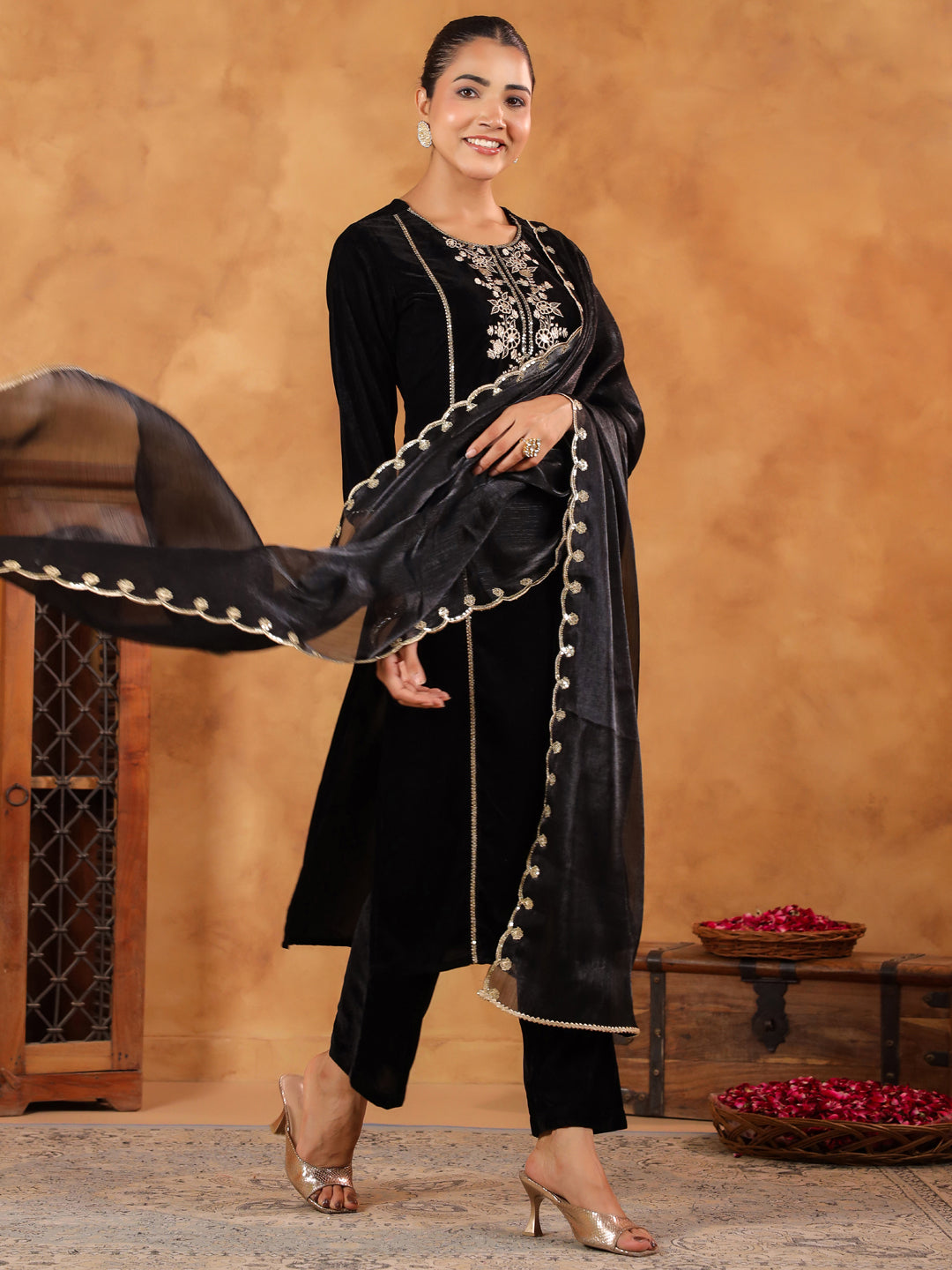 Black Velvet Zari Embroidered Straight Kurta Set