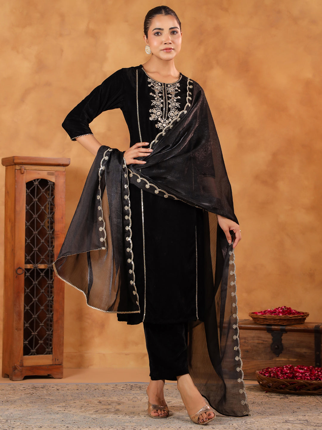 Black Velvet Zari Embroidered Straight Kurta Set