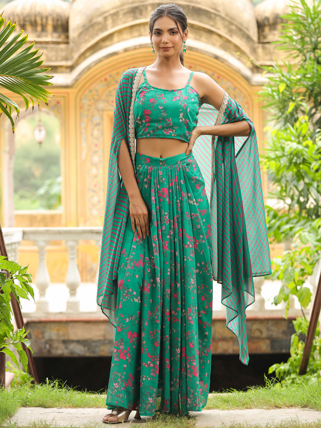 Green Georgette Floral Printed Pleated Skirt With Top & Cape Set