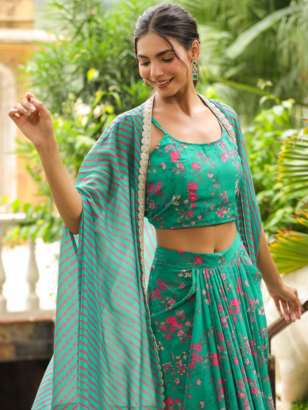 Green Georgette Floral Printed Pleated Skirt With Top & Cape Set