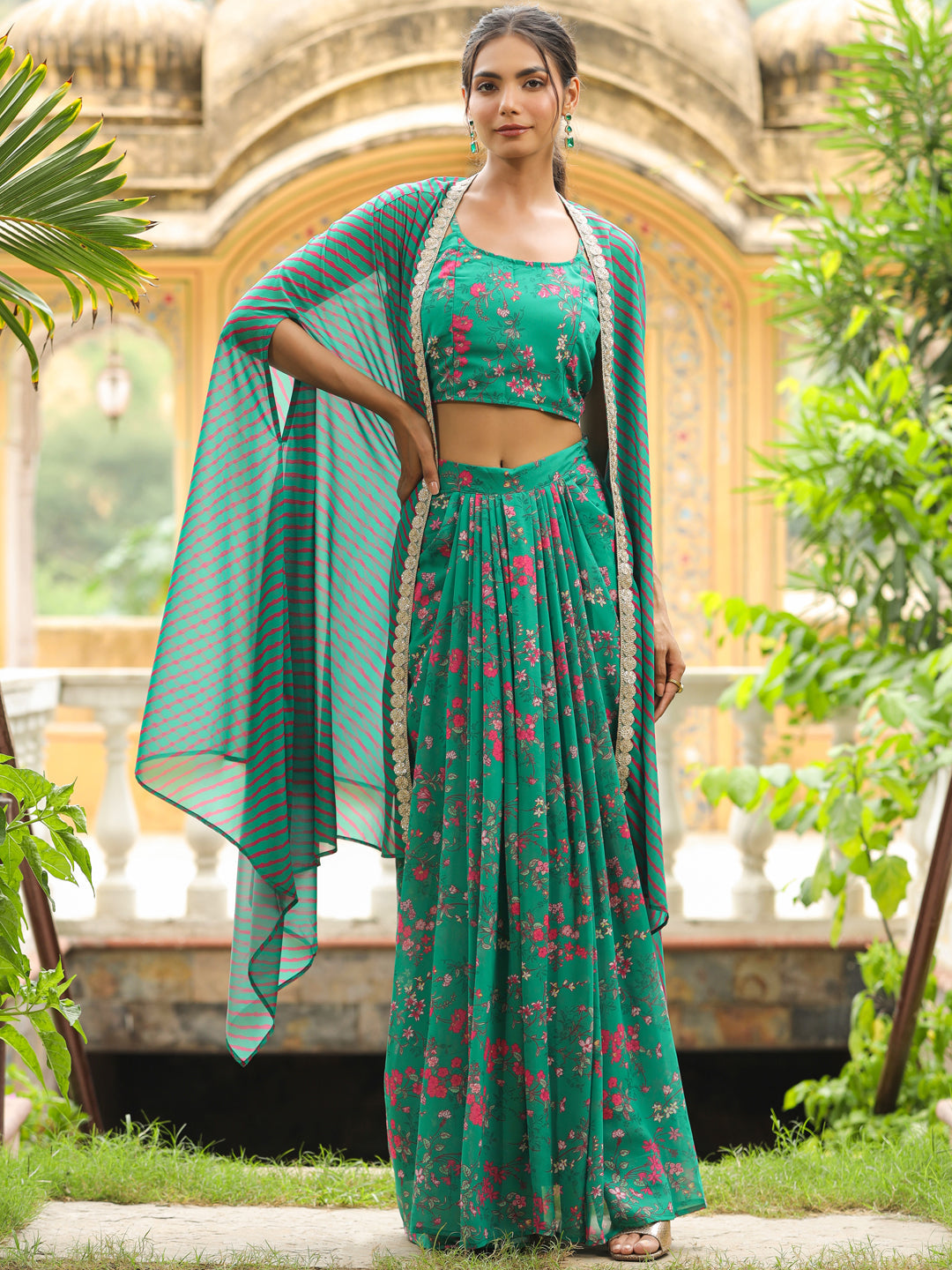 Green Georgette Floral Printed Pleated Skirt With Top & Cape Set