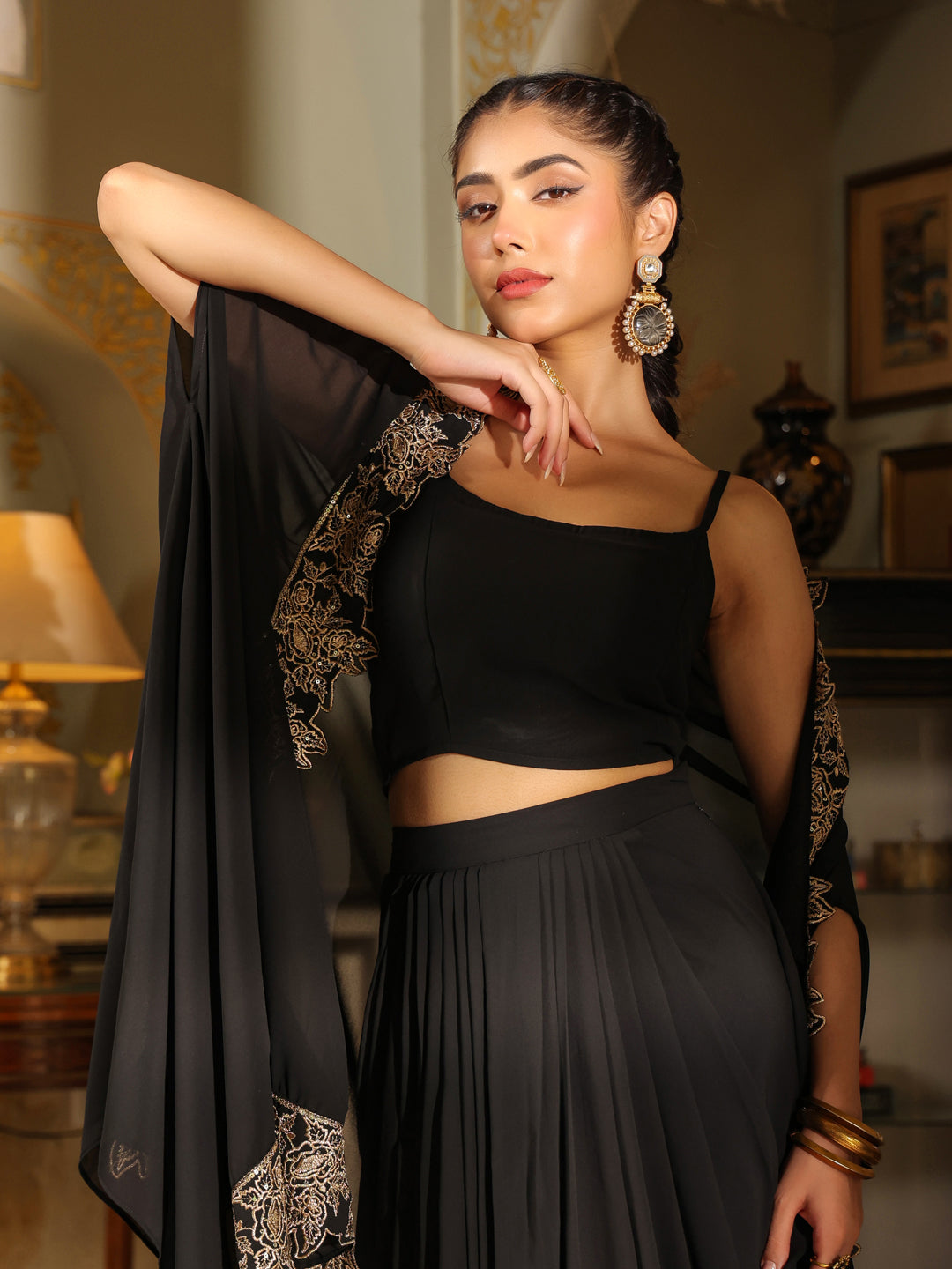 Black Georgette Zari Embroidered Crop Top With Skirt & Cape Set