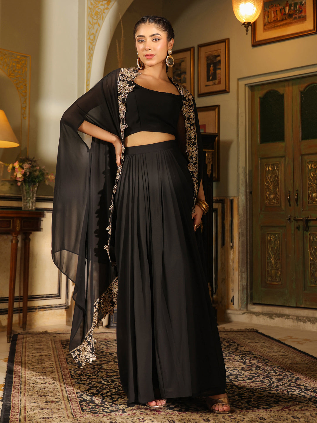 Black Georgette Zari Embroidered Crop Top With Skirt & Cape Set