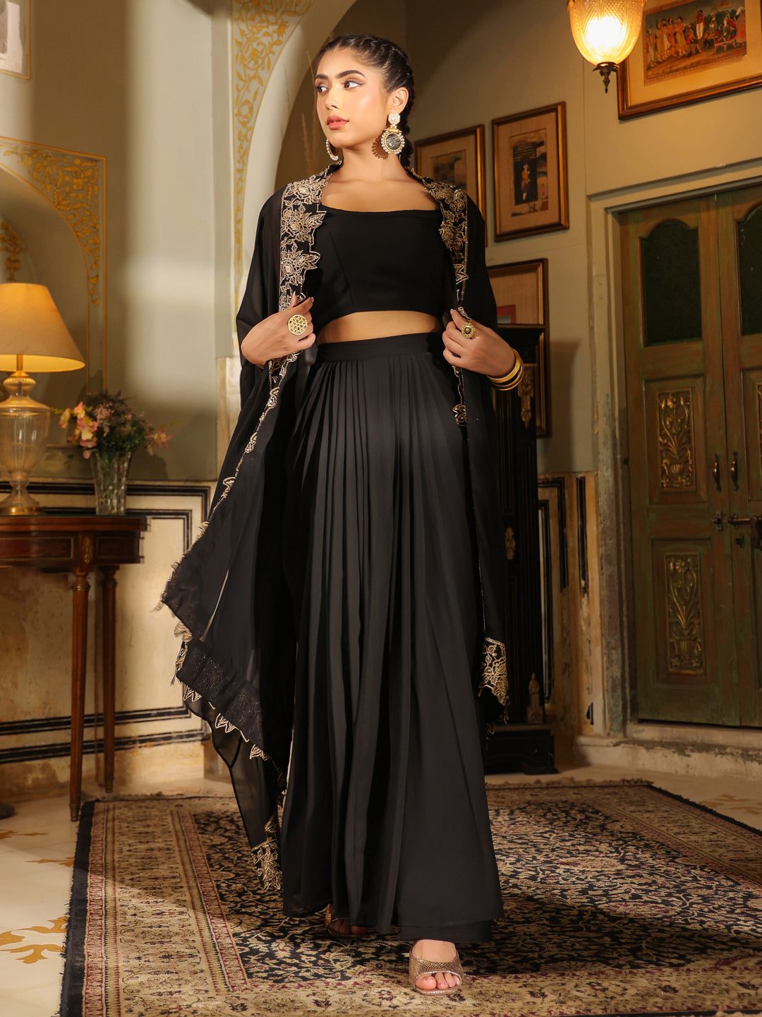 Black Georgette Zari Embroidered Crop Top With Skirt & Cape Set