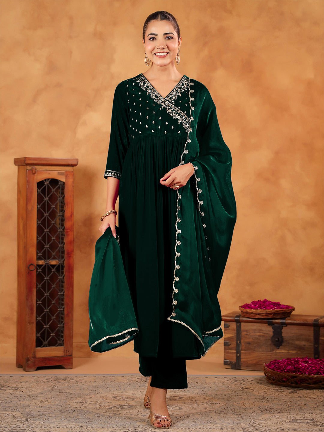 Dark Green Velvet Zari Embroidered Anarkali Kurta Set