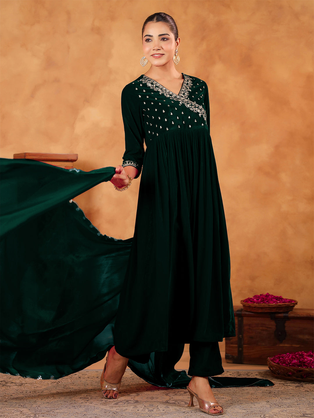 Dark Green Velvet Zari Embroidered Anarkali Kurta Set