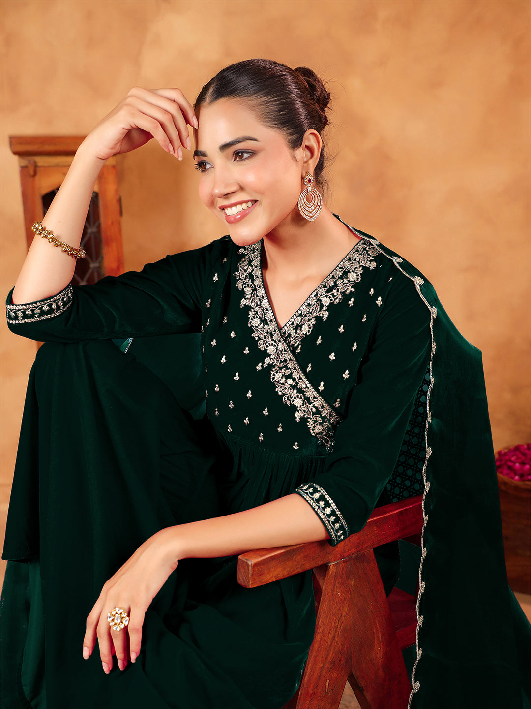 Dark Green Velvet Zari Embroidered Anarkali Kurta Set