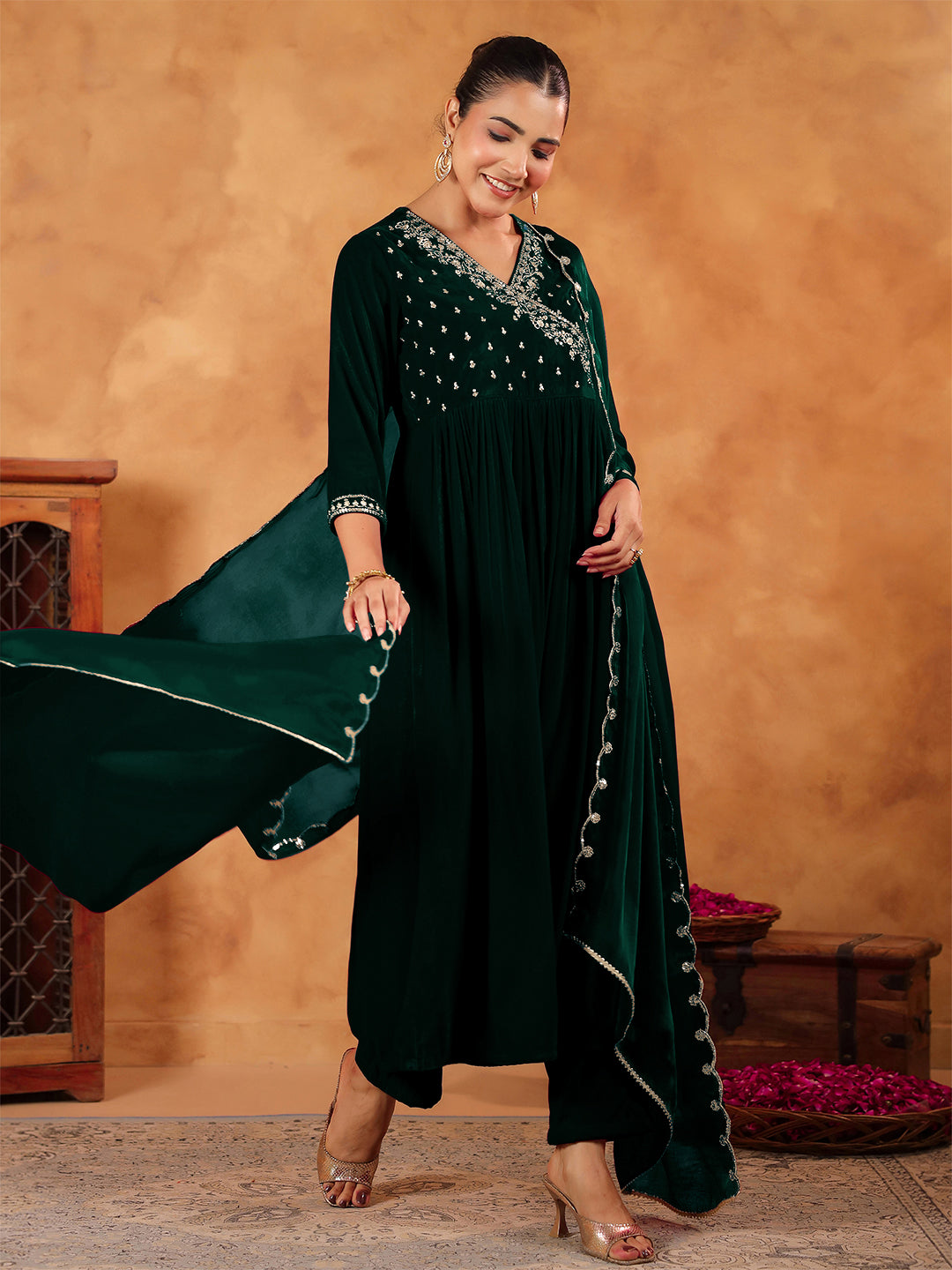 Dark Green Velvet Zari Embroidered Anarkali Kurta Set