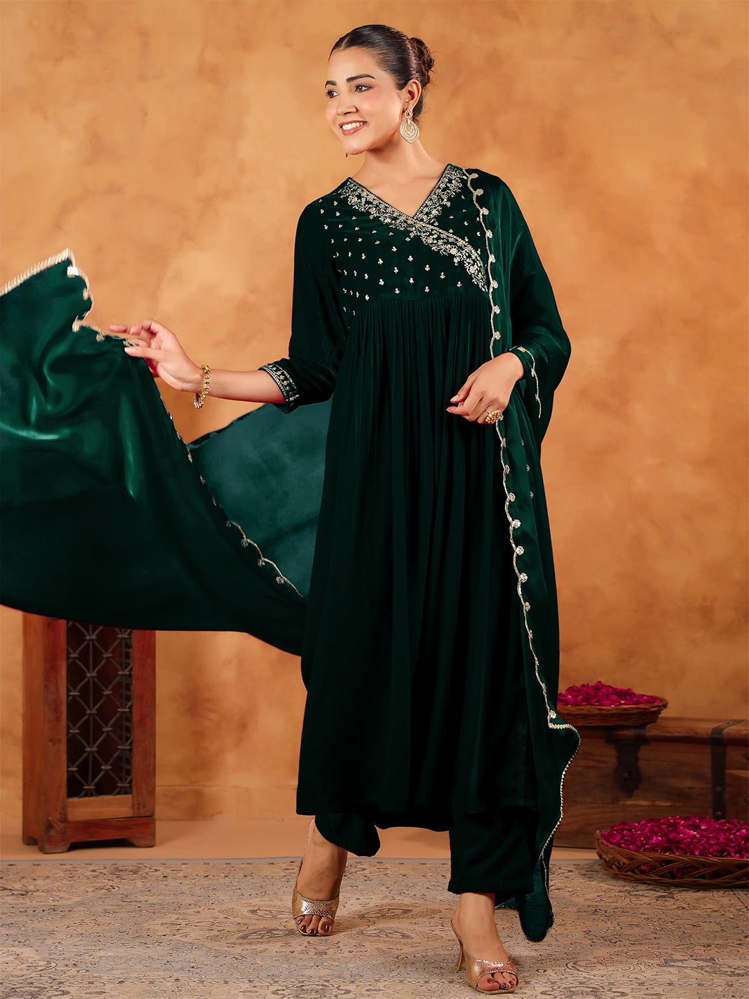 Dark Green Velvet Zari Embroidered Anarkali Kurta Set