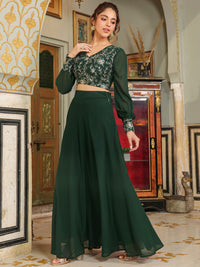 Dark Green Georgette Embroidered Top With Skirt Set