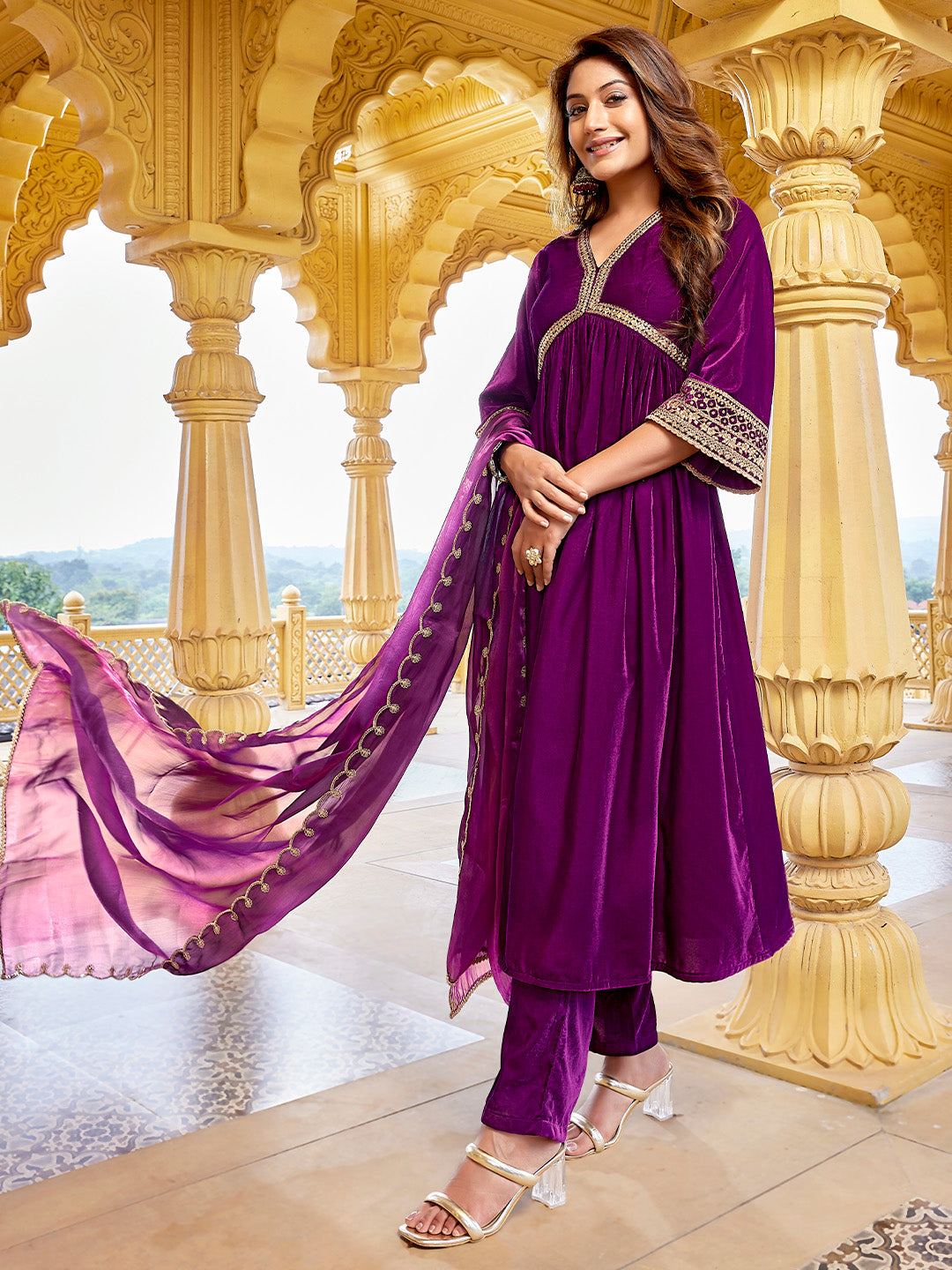 Purple Velvet Zari Embroidered A-Line Kurta Set