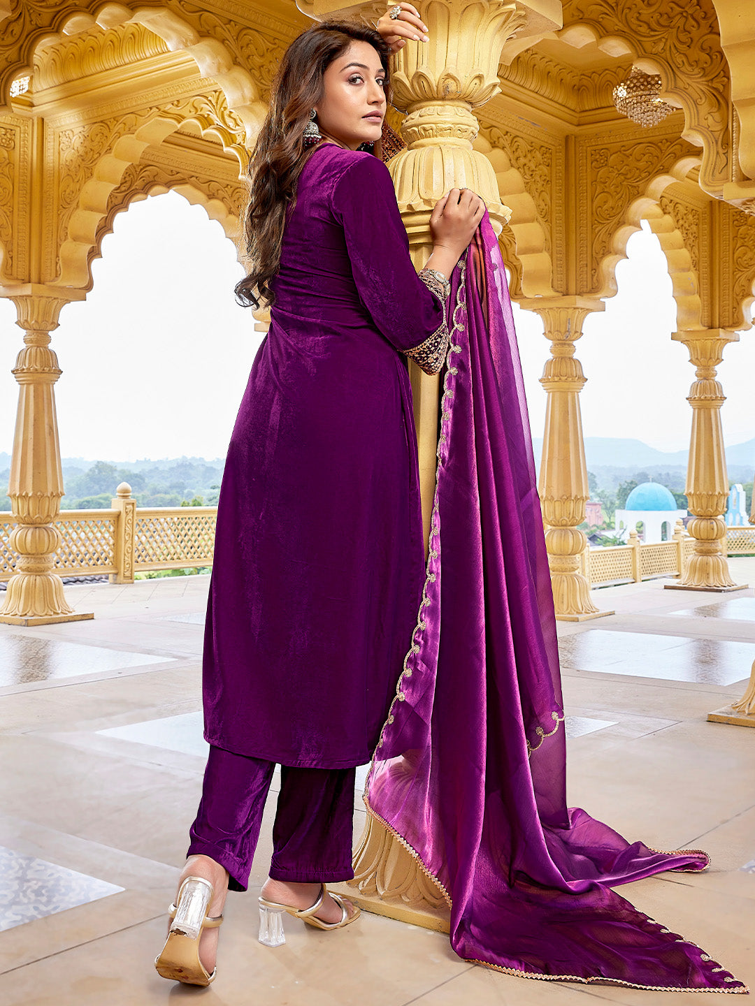 Purple Velvet Zari Embroidered A-Line Kurta Set