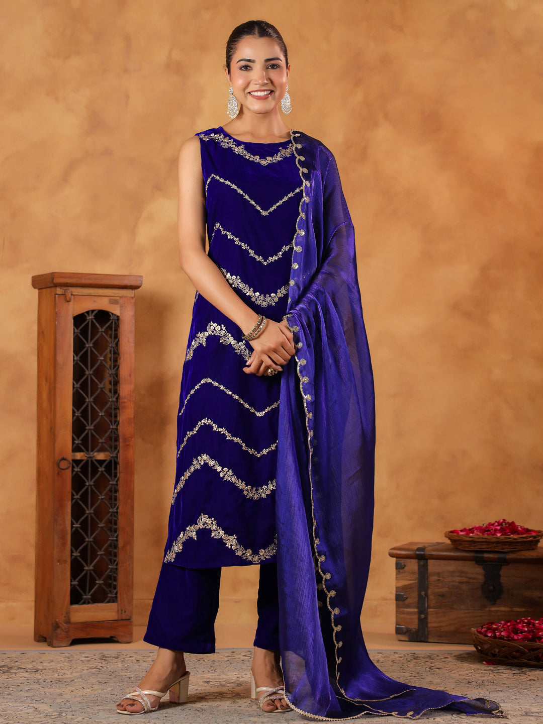 Royal Blue Velvet Zari Embroidered Straight Kurta Set