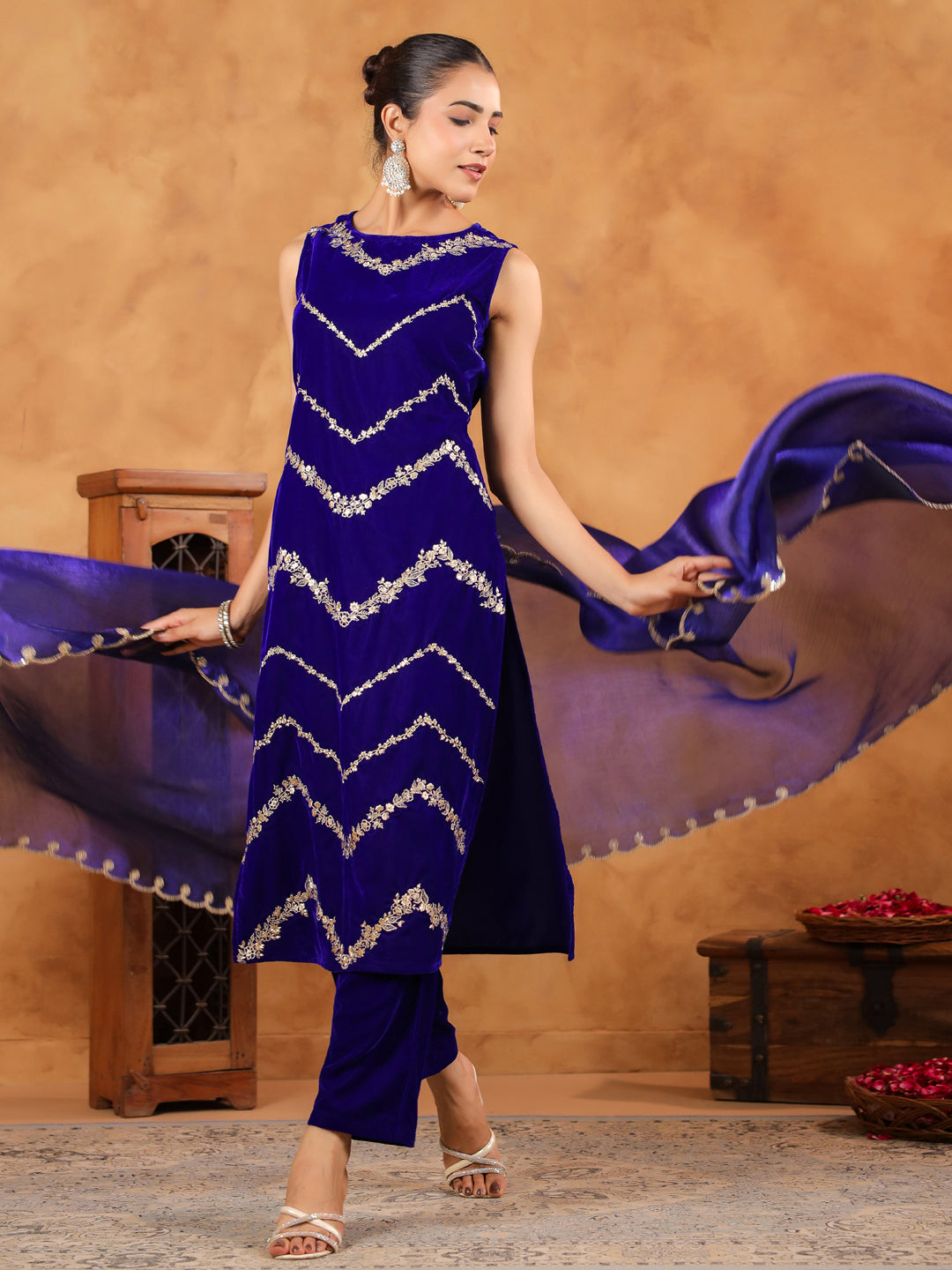 Royal Blue Velvet Zari Embroidered Straight Kurta Set