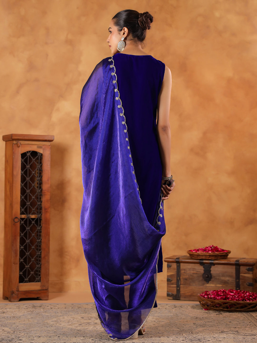 Royal Blue Velvet Zari Embroidered Straight Kurta Set