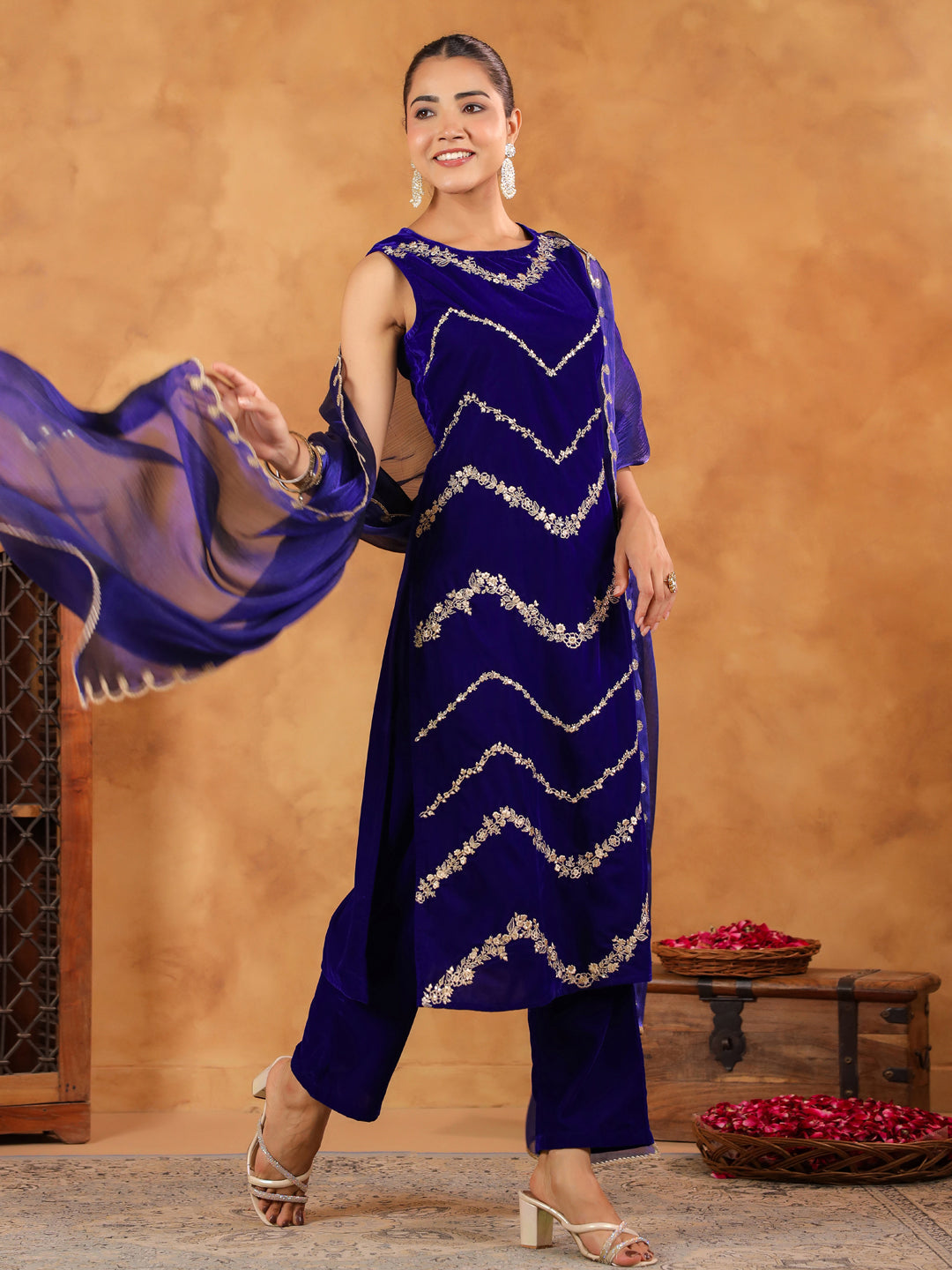 Royal Blue Velvet Zari Embroidered Straight Kurta Set