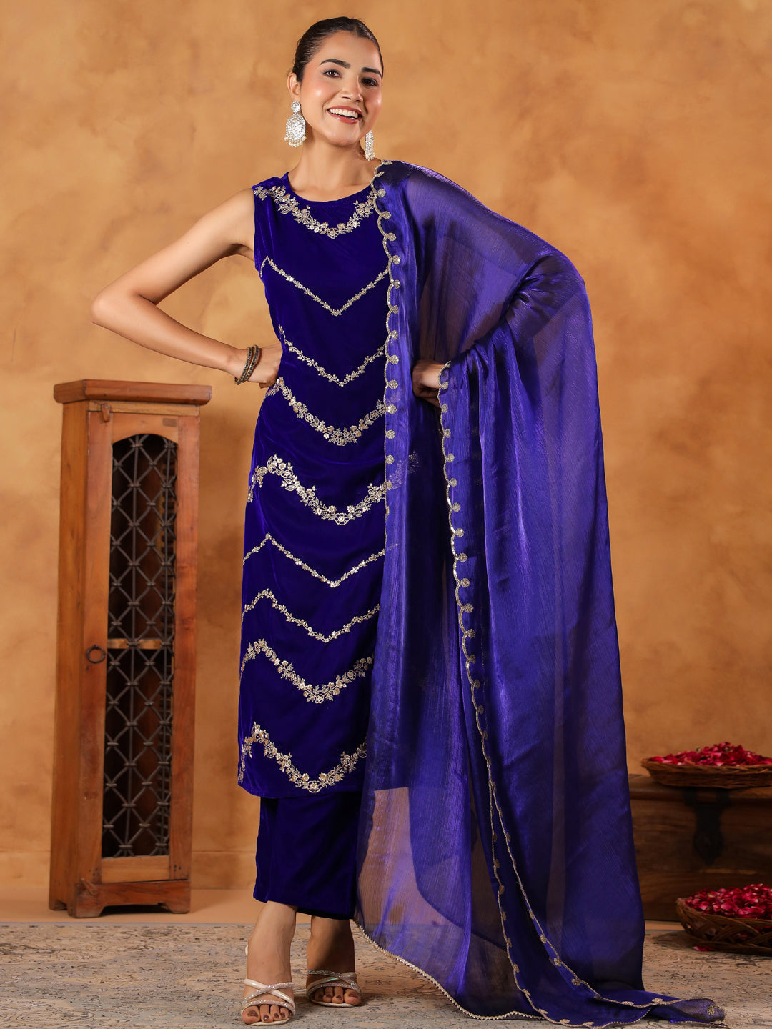 Royal Blue Velvet Zari Embroidered Straight Kurta Set