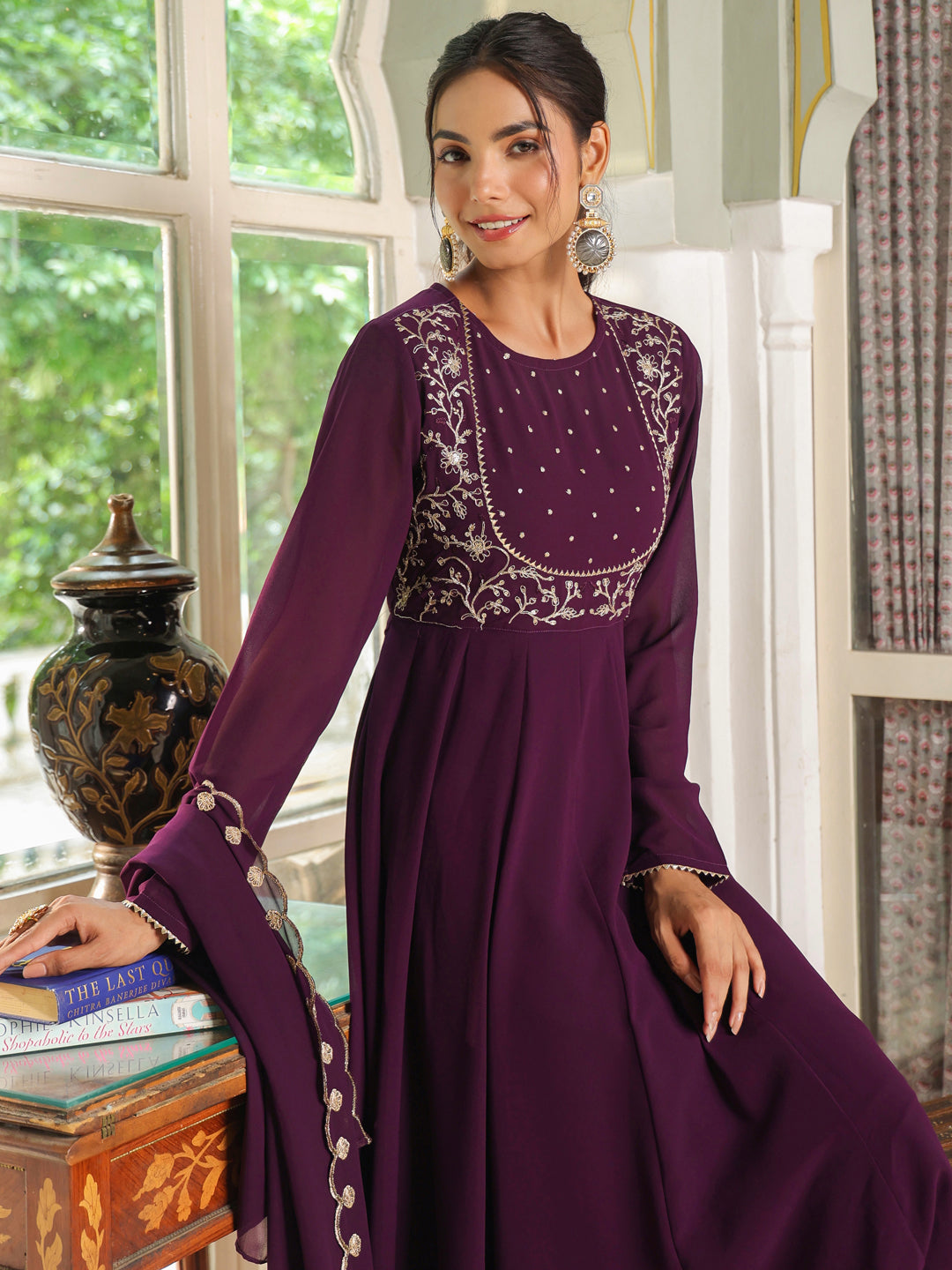 Purple Georgette Embroidered Anarkali Palazzo Set