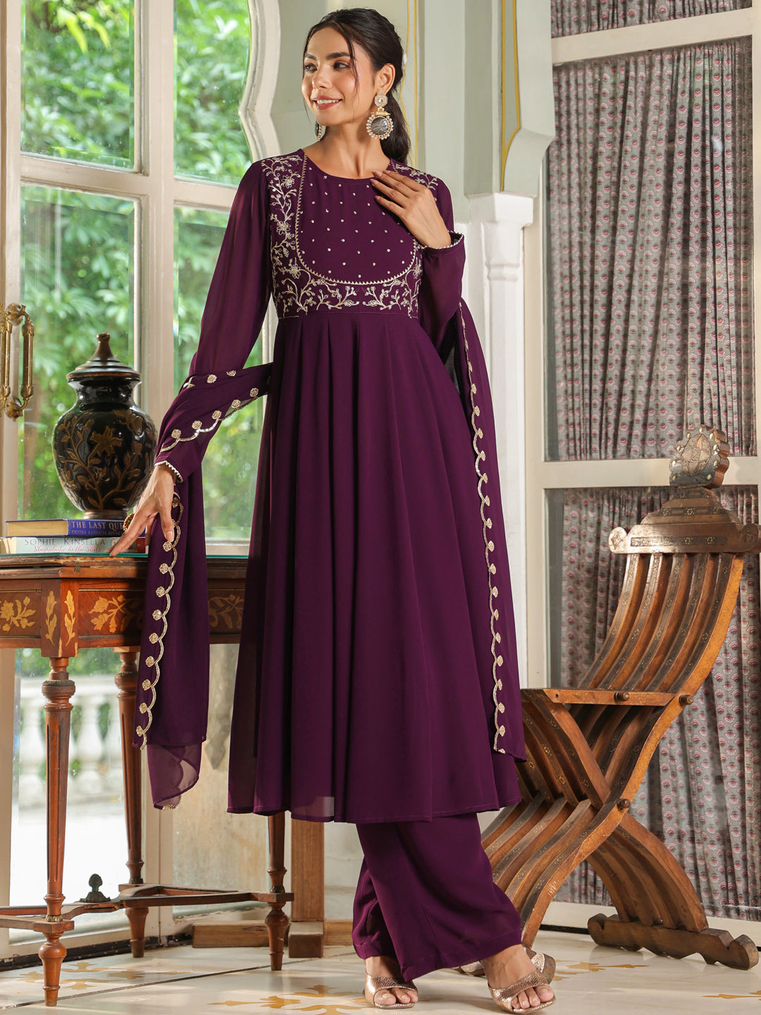 Purple Georgette Embroidered Anarkali Palazzo Set