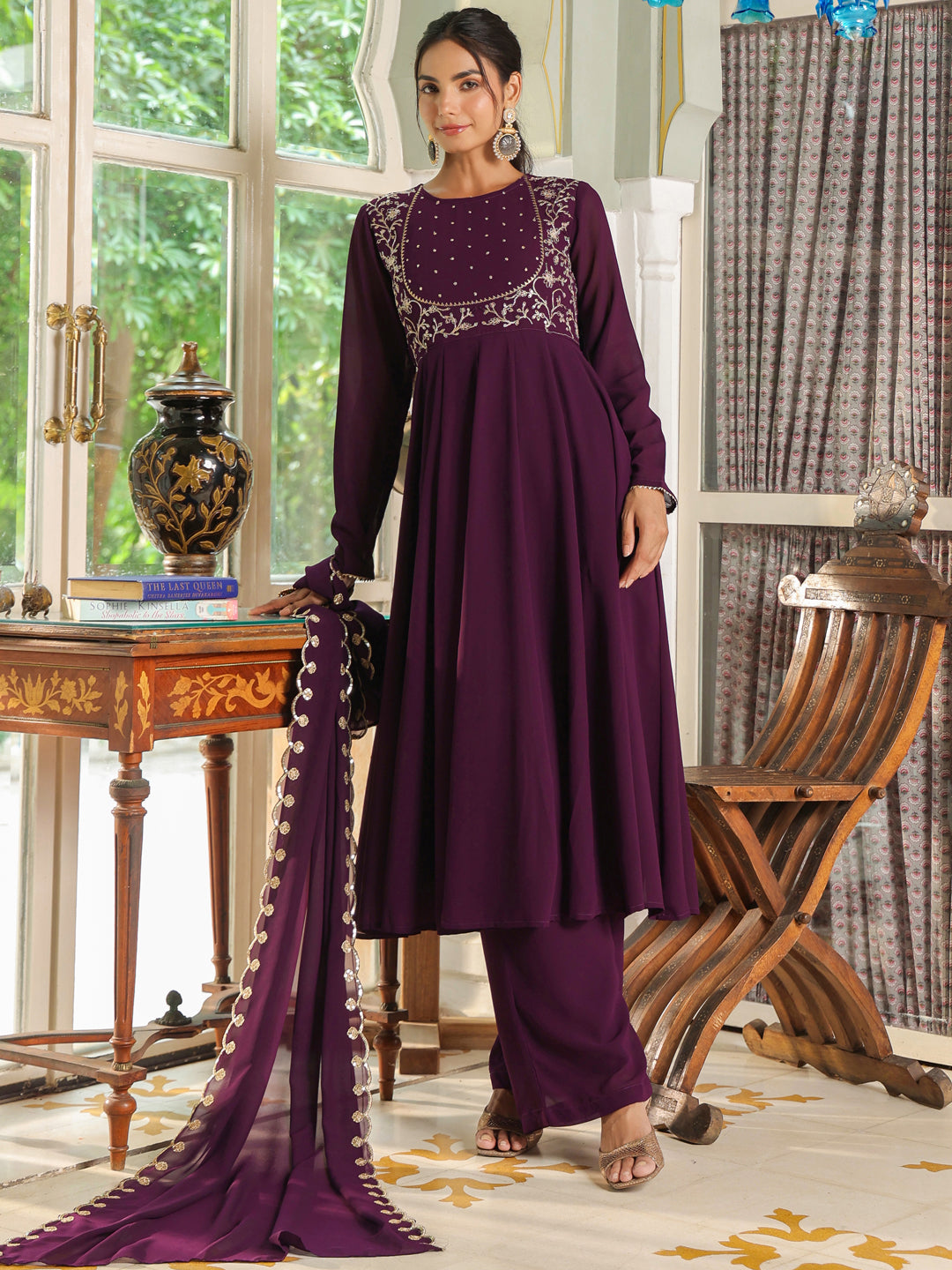 Purple Georgette Embroidered Anarkali Palazzo Set