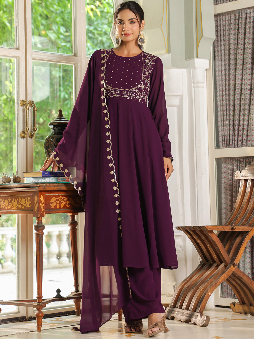 Purple Georgette Embroidered Anarkali Palazzo Set