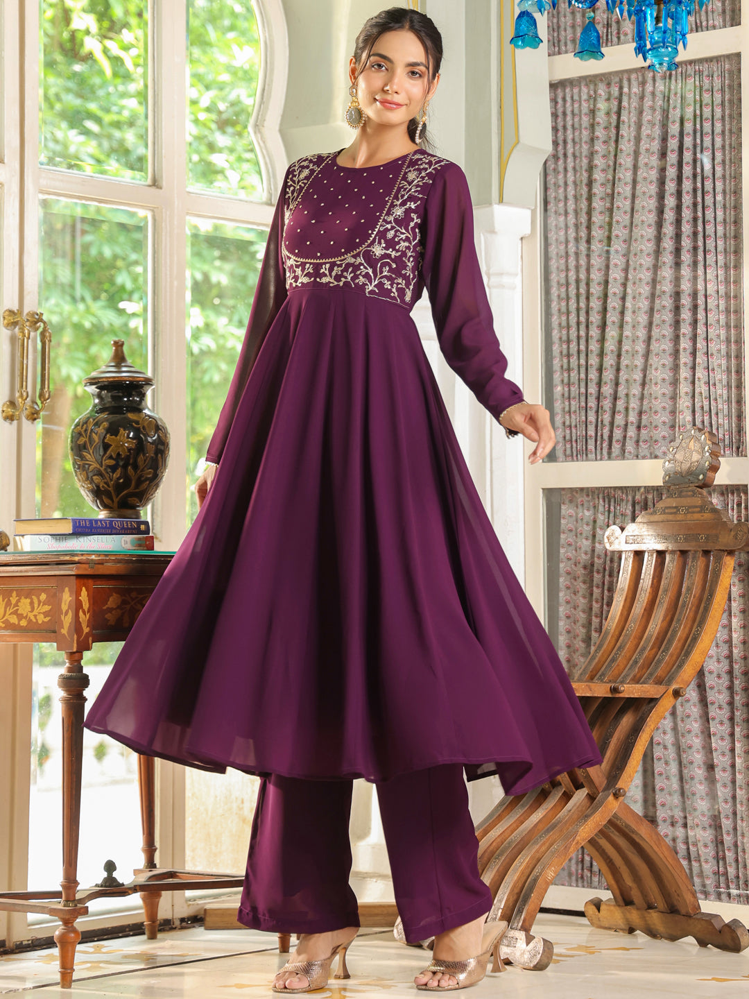 Purple Georgette Embroidered Anarkali Palazzo Set