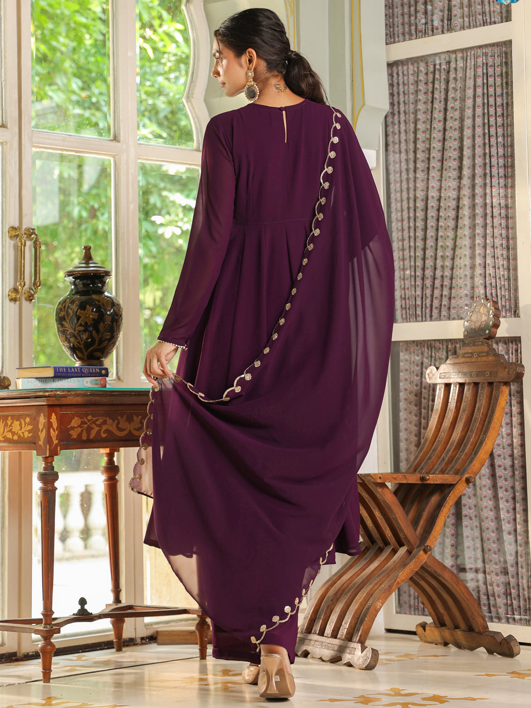 Purple Georgette Embroidered Anarkali Palazzo Set