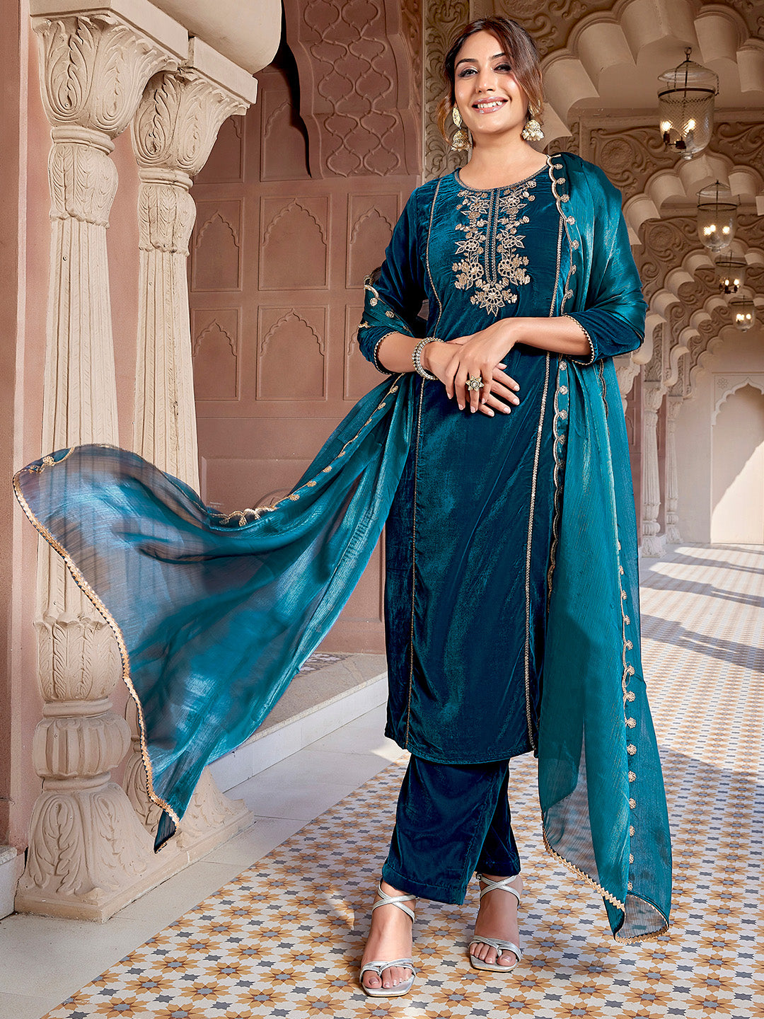 Teal Blue Velvet Zari Embroidered Straight Kurta Set