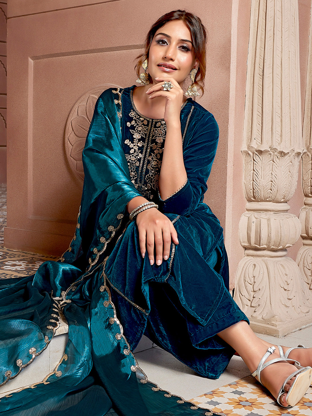 Teal Blue Velvet Zari Embroidered Straight Kurta Set