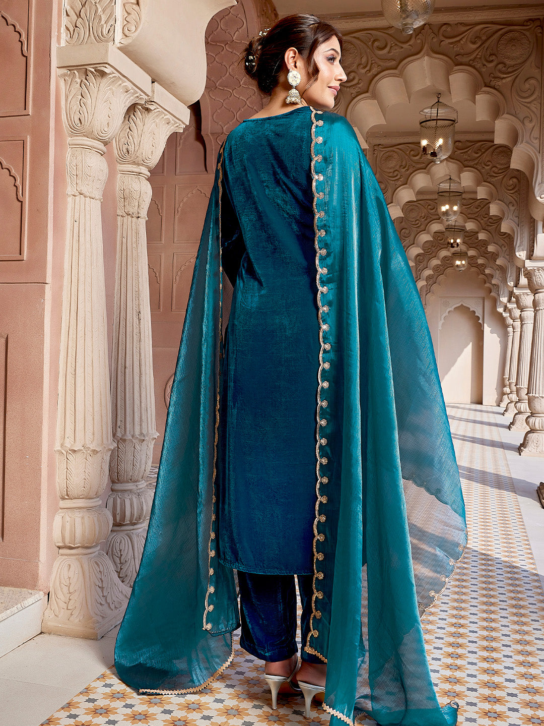 Teal Blue Velvet Zari Embroidered Straight Kurta Set