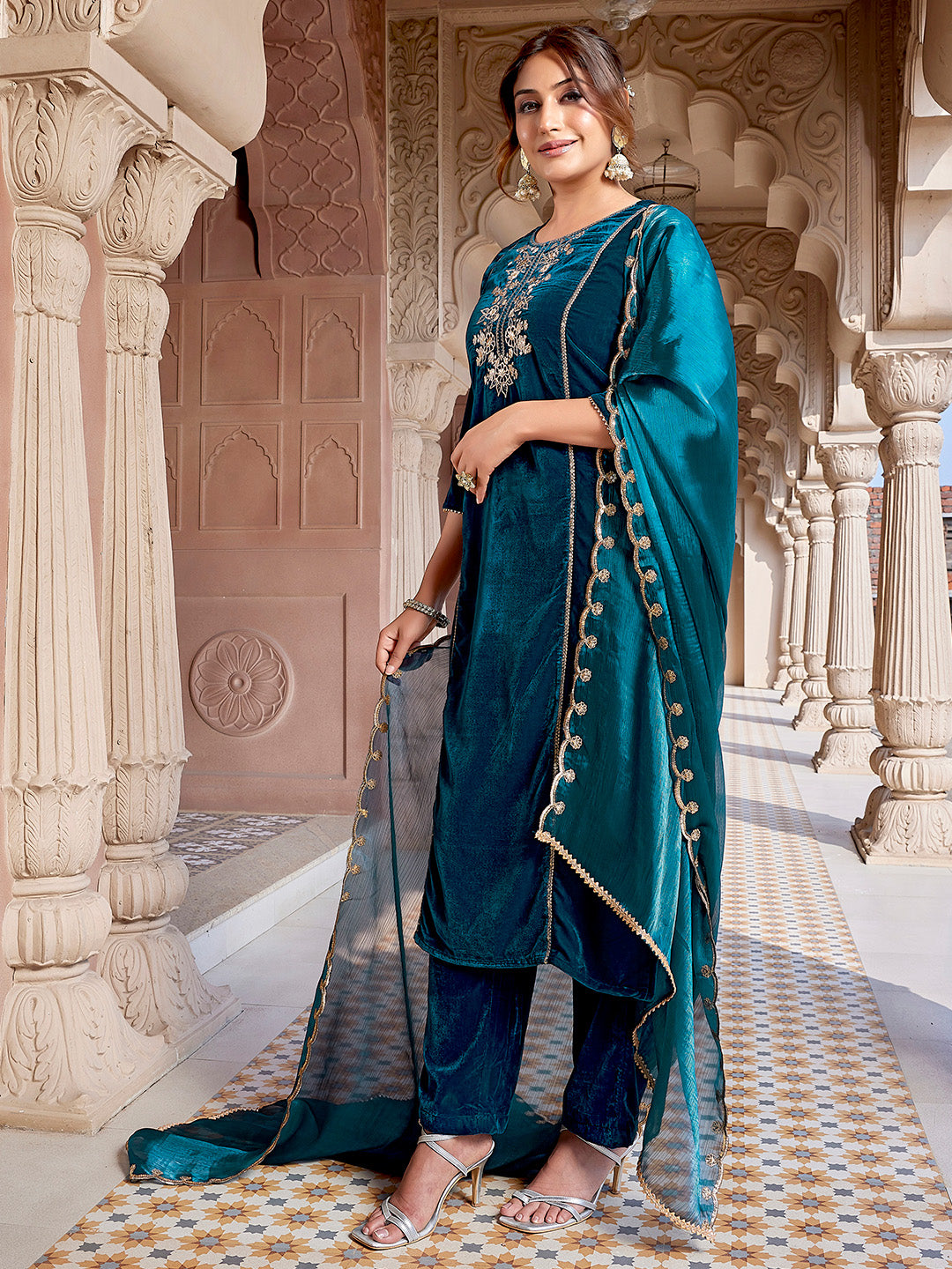 Teal Blue Velvet Zari Embroidered Straight Kurta Set