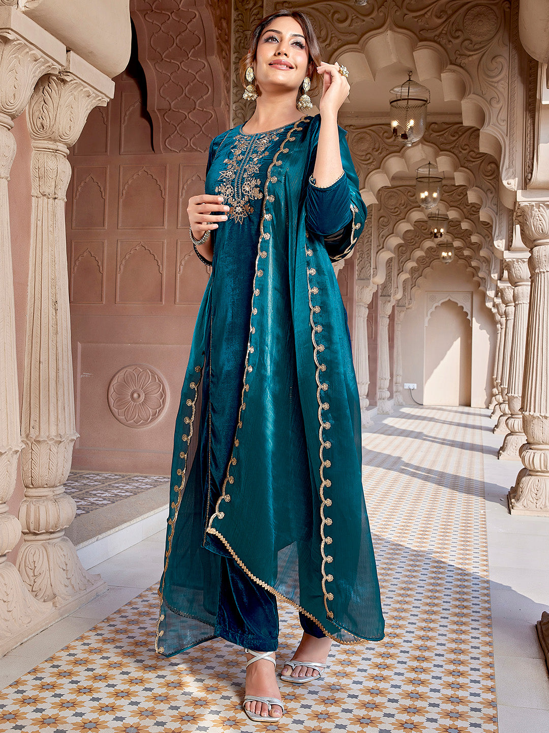 Teal Blue Velvet Zari Embroidered Straight Kurta Set