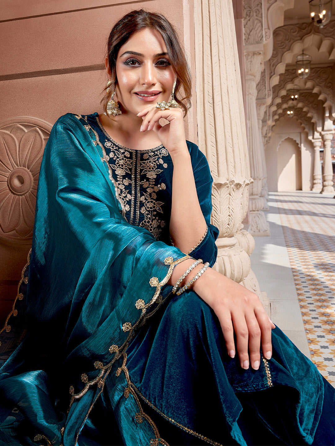 Teal Blue Velvet Zari Embroidered Straight Kurta Set