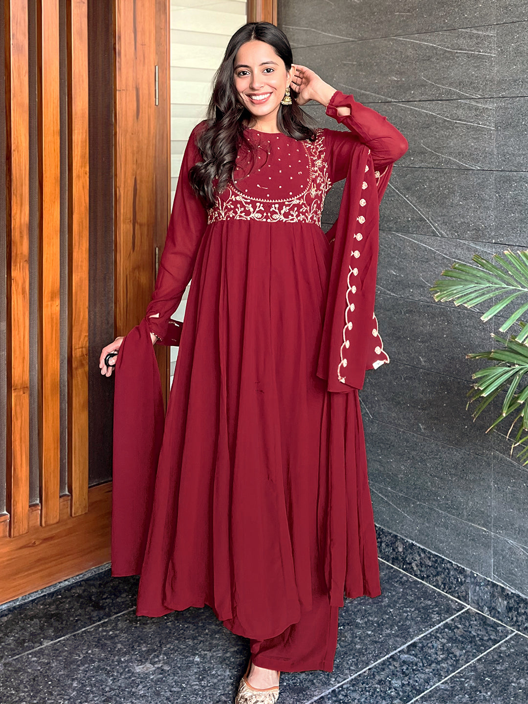 Maroon Georgette Embroidered Anarkali Kurta Set