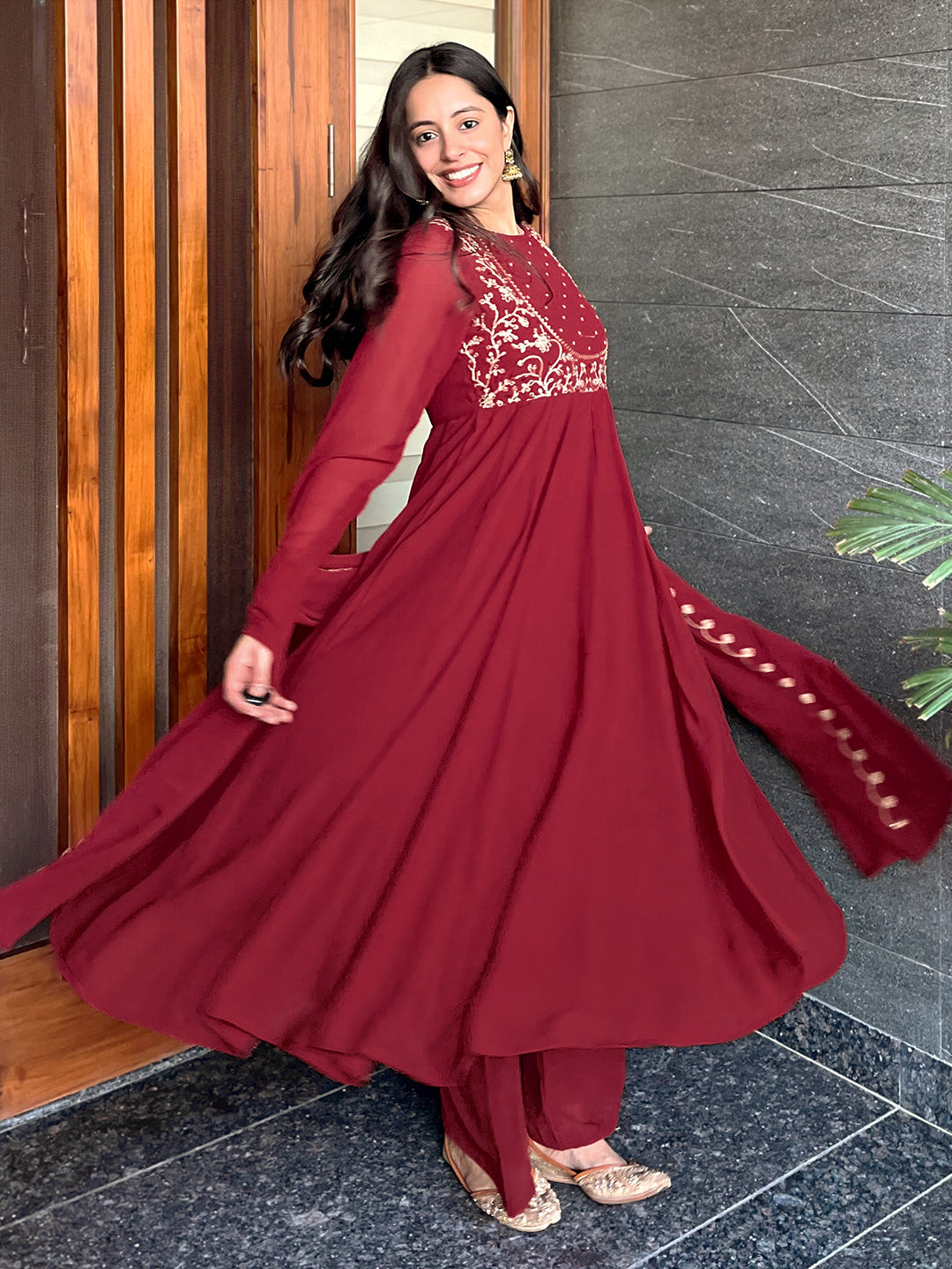 Maroon Georgette Embroidered Anarkali Kurta Set