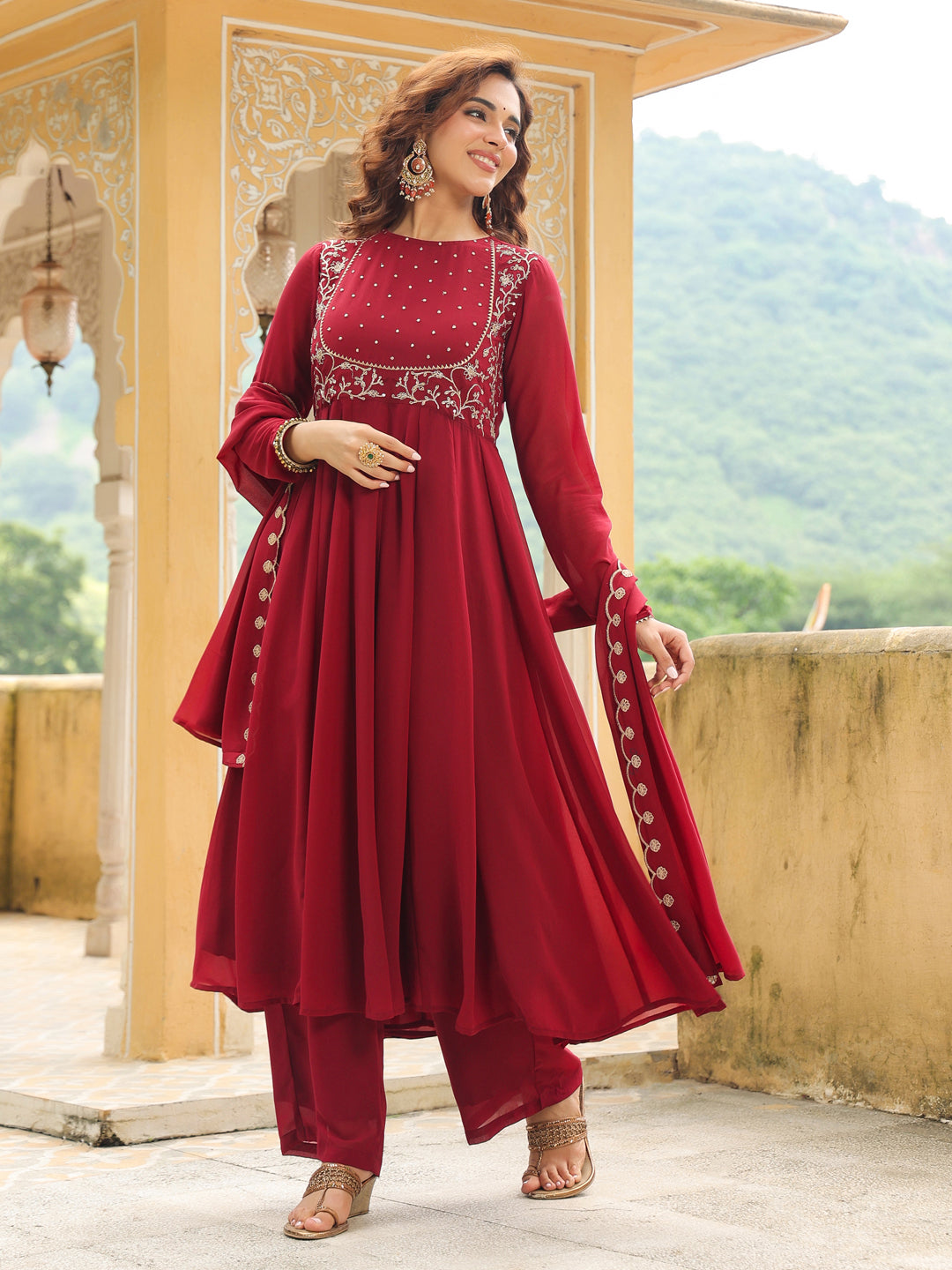 Maroon Georgette Embroidered Anarkali Kurta Set