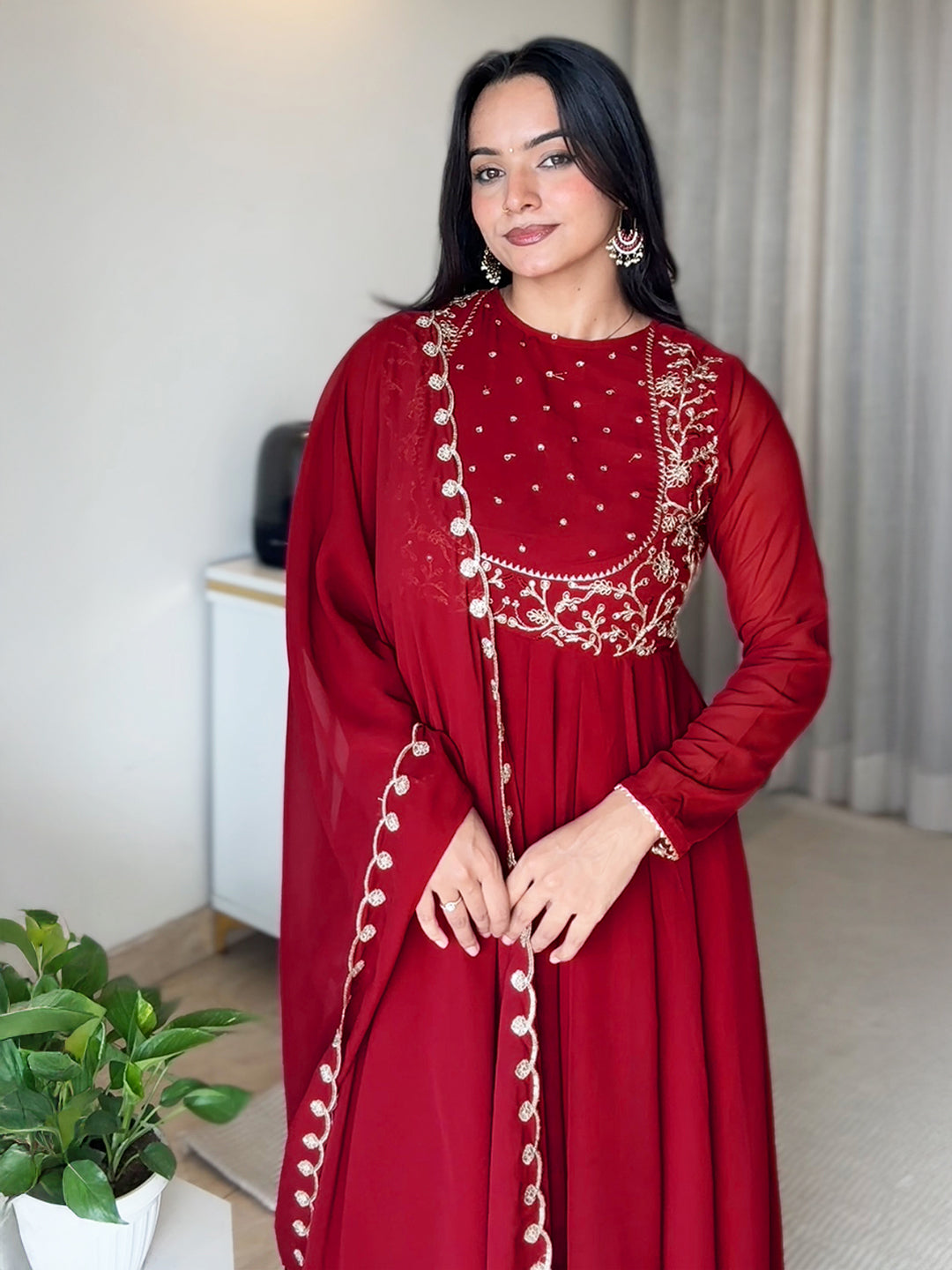 Maroon Georgette Embroidered Anarkali Kurta Set