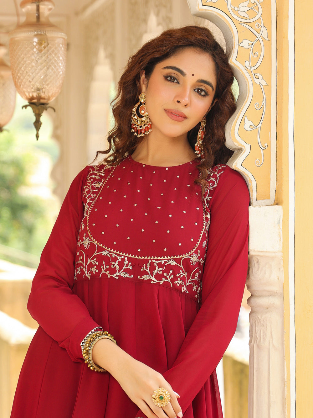 Women's Maroon Georgette Embroidered Anarkali Kurta Pant With Dupatta