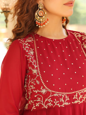 Women's Maroon Georgette Embroidered  Anarkali Kurta Pant With Dupatta