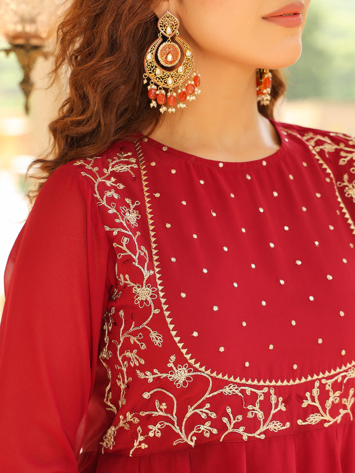 Women's Maroon Georgette Embroidered Anarkali Kurta Pant With Dupatta