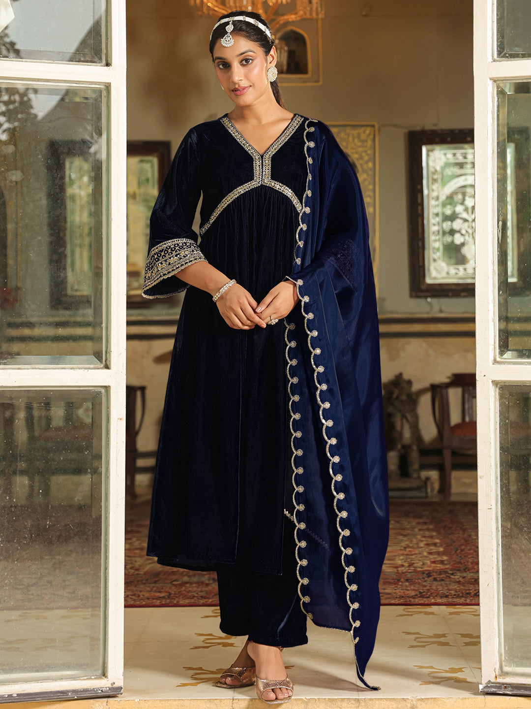 Navy Blue Velvet Zari Embroidered A-Line Kurta Set