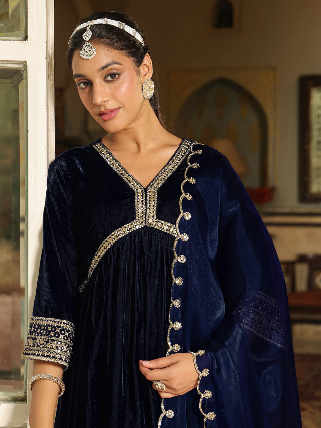 Navy Blue Velvet Zari Embroidered A-Line Kurta Set